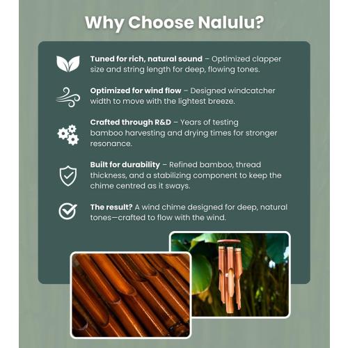 Nalulu Classic Bamboo Wind Chimes - Outside Outdoor Wood Wooden Windchimes, Small, Handcrafted with Calming Deep Tones, Ideal Home Decor or Gift for Any Occasion