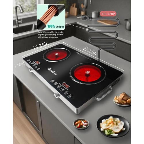 23 Portable Infrared 2 Burner 3500 Electri Burner with 2 Hours Timer-Electric Hot Plate Touch Control Panel Adjustable Heating Power Glass Plate Electric Cooktop for Cooking