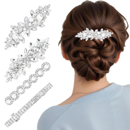 4PCS Sparkly Rhinestone Hair Clips for Women, Silver Flower Crystal Hair Clips