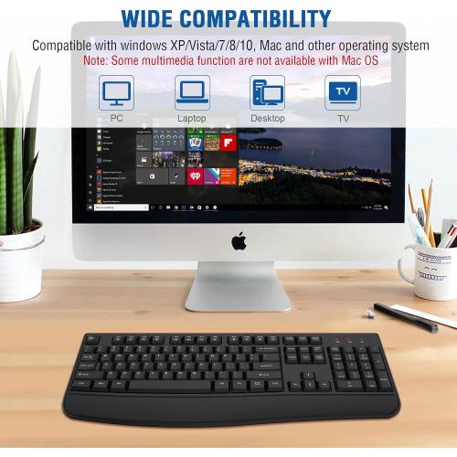 Wireless Keyboard, 2.4G Ergonomic Full Size Wireless Computer Keyboard with Wrist Rest for Windows, Mac OS Desktop/Laptop/PC（Black）