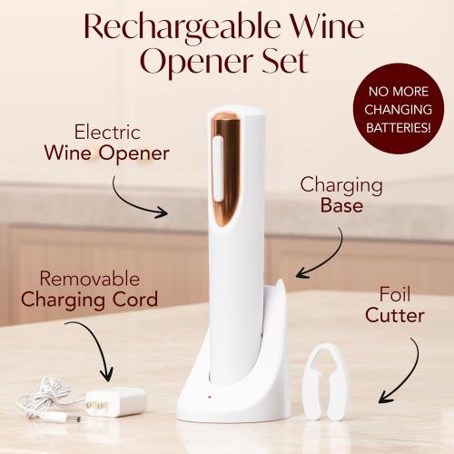 Rechargeable Electric Wine Bottle Opener - Charging Base and Foil Cutter Included with Automatic Wine Opener - Electric Corkscrew for Easy Cork Removal - Best Gift for Wine Lover (White & Rose Gold)