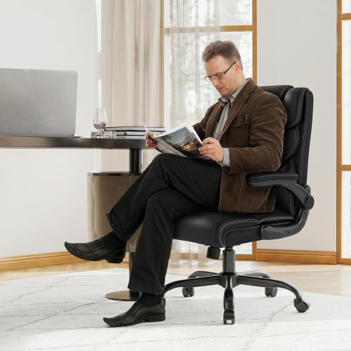 Executive Office Chair with Flip-up Armrests,Ergonomic Computer Desk Chairs,Mid-Tall Back Leather Office Chair,Lumbar Support Swivel PC Chair with Rocking Function
