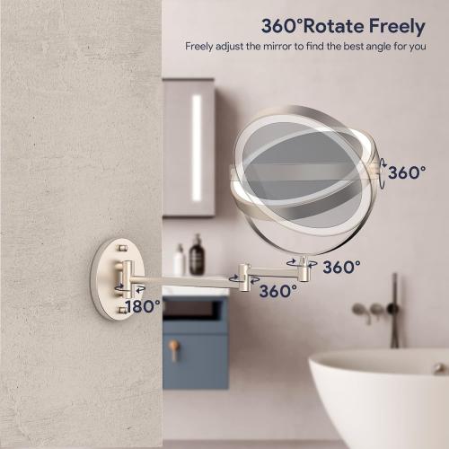 Rocollos Rechargeable Wall Mounted Lighted Makeup Mirror, 8 Inch Double-Sided LED Vanity Mirror 1X/10X Magnification,3 Color Lights Touch Screen Dimmable 360°Swivel 13 Inch Extendable