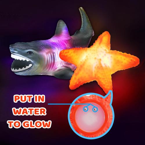 6 Pack Light Up Bath Toys & Magic Bath Book & Storage Bag for Toddler, No Hole Floating Ocean Animal with LED Flashing Colors, Glow Sensory Bathtub Toy for Kid, Water Table Toy, Gift for Boy Girl
