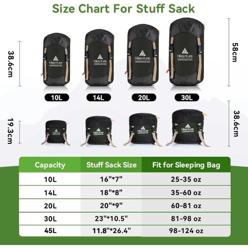 Hikenture Sleeping Bag Stuff Sack, Anti-Tear Ultralight Compression Sack | Water-Resistant Sleeping Bag Storage Sack, 10L/14L/20L/30L/45L Sleeping Bag Cover, Save 50% of Storage Space