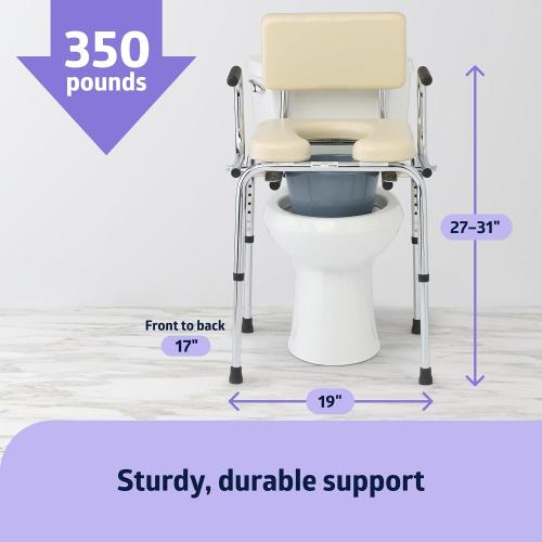 Medline Drop Arm Commode with Padded Seat and Backrest, Durable Toilet Chair for Adults and Seniors, Removable Pail, Splash Guard, Drop Down Arms for Easy Transfer, 350 lb. Weight Capacity, Tan ( used see the pictures )