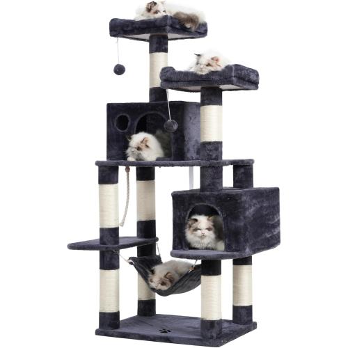 Hey-brother Large Multi-Level Cat Tree Condo Furniture with Sisal-Covered Scratching Posts, 2 Bigger Plush Condos, Perch Hammock for Kittens, Cats and Pets Smoky Gray MPJ020G