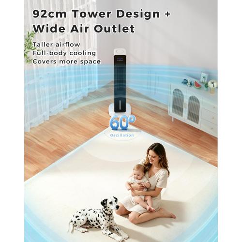 Evaporative Air Cooler, 3-in-1 Portable AC Tower Fan Air Conditioner with 4 Modes & 3 Speeds, 24H Timer, Remote 60°Oscillating Tower Fan, Quiet Swamp Cooler, Tower AC for Bedroom Office, 36inch, Black