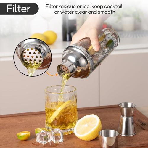 Ailelan Glass Cocktail Shaker with Strainer, 14oz Martini Shaker with 6 Recipes On Side, Clear Drink Shaker Bottle with Measurements, Bar Shakers Set Bartender Kit for Mixing Cocktail, Margarita