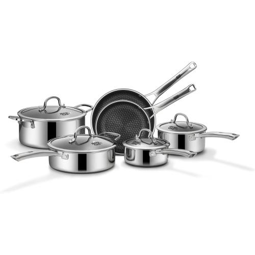 SNOWCLAD Pots and Pans Set Non Stick, 10 Pcs Hybrid Stainless Steel Cookware Sets, Non Stick Frying Pans, Saucepans, Saute Pan & Stock Pot, PFOA Free Kitchen Skillet,Induction Compatible