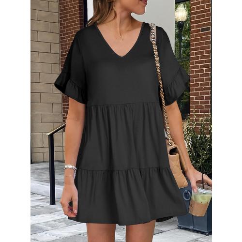 Size S ANRABESS Dresses for Women Summer 2026 V Neck Ruffle Sleeve A Line Tiered Flowy Casual Trendy Mini Beach Dress with Pockets