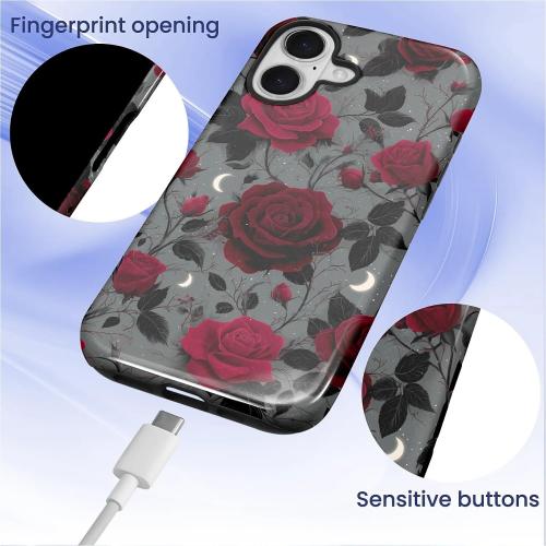 Case for iPhone 17,Hybrid Heavy Duty 2 in 1 Full Body Rugged Shockproof Protection Glossy Case for iPhone 17 Night Red Rose
