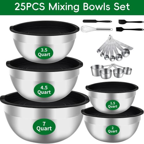 Mixing Bowls Set, 25PCS Stainless Steel Mixing Bowl with Lid Set, Large Nesting Bowls 7, 4.5, 3,2, 1.5QT, Measuring Cups and Spoons Baking Utensils Metal Bowl for Kitchen Prep