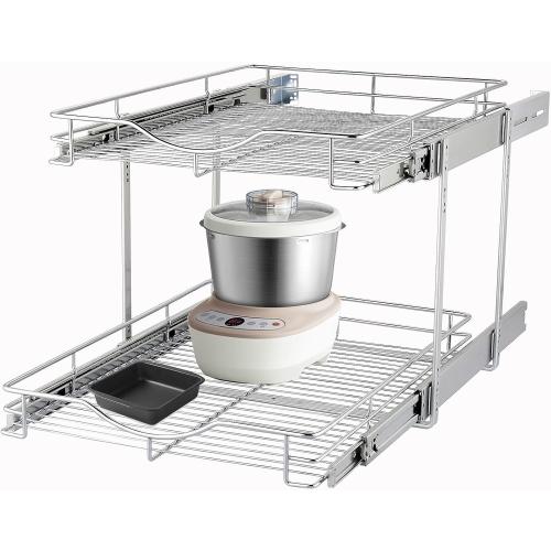DINDON 2 Tier Pull Out Cabinet Organizer (17 W x 18 D) Heavy-Duty Metal Sliding Drawer Shelf, Two Tier Pull Out Shelves for Kitchen Cabinets, Pantry, Bathroom, Chrome Finish