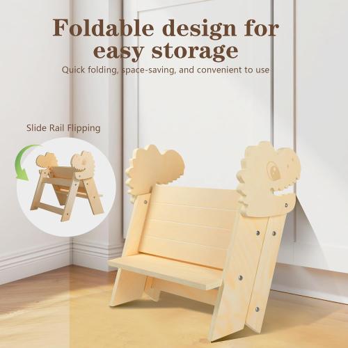 Wooden Toddler Step Stool, 2-Step Foldable Stool for Kids with Non-Slip Surface, Baby Bathroom Stool for Potty Training, Bathroom Sink, Kitchen Counter with Cute Dinosaur Design, Natural