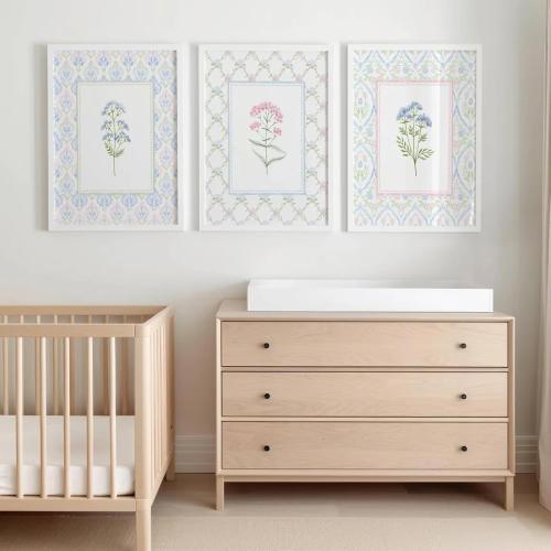 Lhoiplme Wildflower Nursery Wall Art Decor Baby Girl Room Canvas Prints Pastel Floral Wall Art Botanical Flower Pictures Pink Blue Wildflower Painting Artwork for Girls Bedroom 24x36x3 Inch Unframed