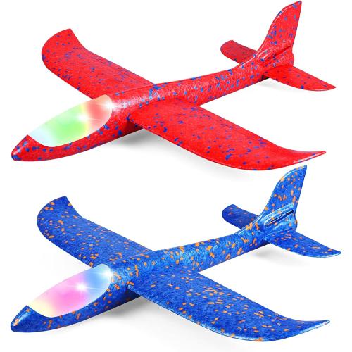 2 Pack LED Light Airplane,17.5 Large Throwing Foam Plane,2 Flight Mode Glider Plane,Flying Toy for Kids,Gifts for 3 4 5 6 7 8 9 Years Old Boy,Outdoor Sport Toys Birthday Party Favors Foam Airplane