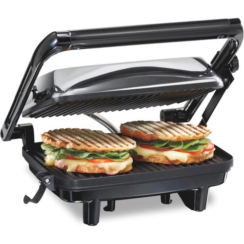 Hamilton Beach Panini Press Sandwich Maker & Electric Indoor Grill with Locking Lid, Opens Wide to Fit Any Thickness for Quesadillas, Burgers & More, Nonstick 8 x 10 Grids, Chrome (25460MNA)