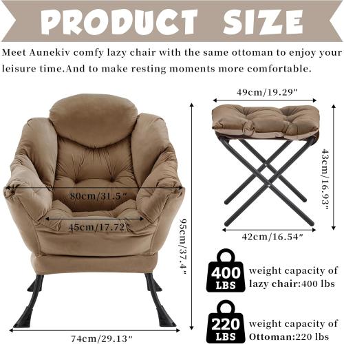Lazy Chair with Ottoman, Comfy Reading Chair, Brown | Cushioned Seat with Foldable Ottoman and Side Pocket, Lounge Chair for Bedroom, Living Room, Dorm and Small Spaces