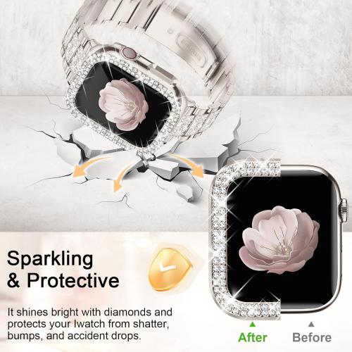 Bling Watch Bands with Bling Case for Women Compatible with Apple Watch Band 49mm Elegant Dressy Jewelry Replacement Metal Link Wristband Protector Cover for iWatch Series Ultra 3/2/1 Starlight