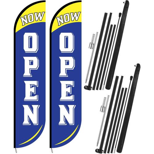 Preboun 2 Sets 12 ft Now Open Feather Flags Pole Kit for Business Advertising Feather Sign with Poles and Ground Spikes Open Flags Banner for Store Outside Signs (Blue)
