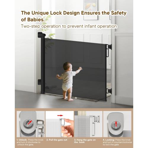 Retractable Baby Gate - 55 Wide Mesh Pet Gate with Anti-Crawling Hook, Safety Lock, One-Hand Operation, 34 Tall Baby Gate for Stairs, Doorways, Hallways, Garage, Indoor Outdoor, Black