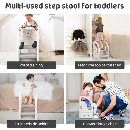 Color Grey Onasti Toddler Step Stool for Bathroom Sink, Adjustable 2 Step Stop for Kids with Handles, Toilet Stool Potty Training, Plastic Ladder Toddler Helper Stool for Bedroom Kitchen Counter Grey White