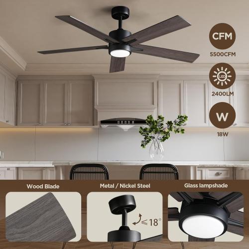 Ceiling Fan with Light Remote: 52 Inch Modern Bedroom Fans with Dimmable Tri-Color Temperature LED - Quiet Reversible DC Motor - Indoor Outdoor