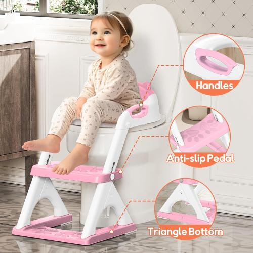 SKYROKU Potty Training Seat for Toddlers – 2-in-1 Adjustable potty ladder with Step Stool, Anti-Slip Cushion, Splash Guard & Extra-Wide Pedals, Supports 200  lbs, Ideal for Boys & Girls (Pink)