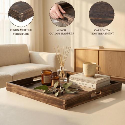 22 Inch Wooden Ottoman Tray with Handles Rustic Farmhouse | Large Decorative Serving Tray for Coffee Table Centerpiece Living Room Home Decor