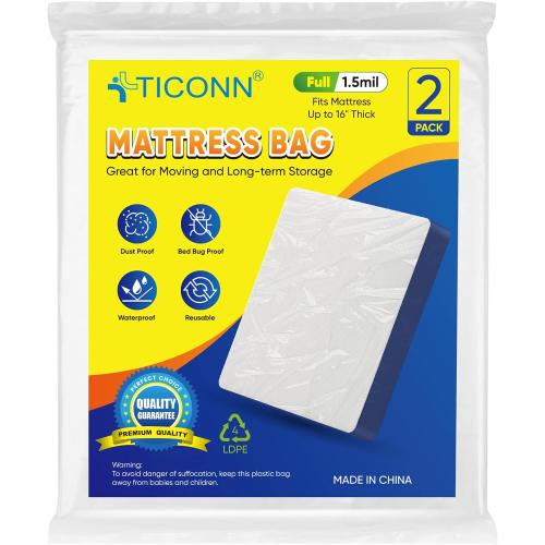 TICONN 2PK Plastic Mattress Bag for Moving Storage, Waterproof Mattress Protector Cover, Heavy-Duty Mattress Moving Supplies (1.5 mil, Full)