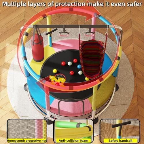 Trampoline for Kids with Enclosure, 440lbs Capacity Indoor & Outdoor Toddler Trampoline with Adjustable Gymnastics Bar & Toys, Gifts for Boys & Girls