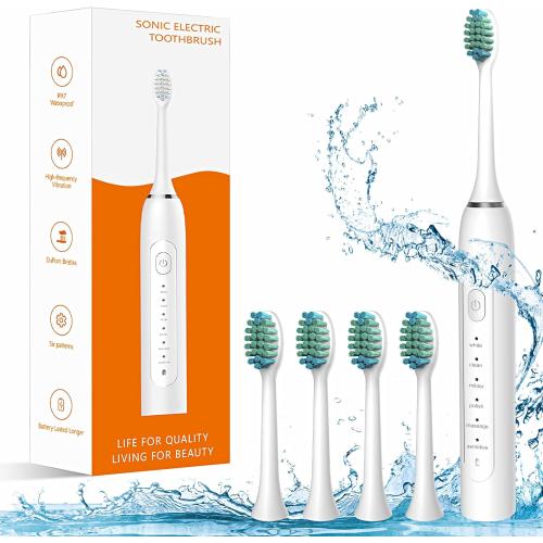 Waterproof Sonic Electric Toothbrush for Adults - 6 Modes with Pressure Sensor, Smart Timer，Rechargeable Toothbrushes with 4 Brush Heads,Whitening & Sensitive Teeth Care ，30 Days Long Battery Life