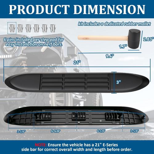 Replacement Step Pad for 3 Round Nerf Bars Set of 4 Pack, 21 Long x 3 Wide, Durable Non-Slip Running Boards Replacement Pads with Rubber Mallet and 24 Pins