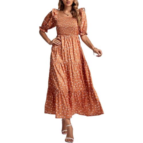Rooscier Women's Floral Print Ruffle Shirred Swing Puff Short Sleeve Elegant Maxi Dress size medium