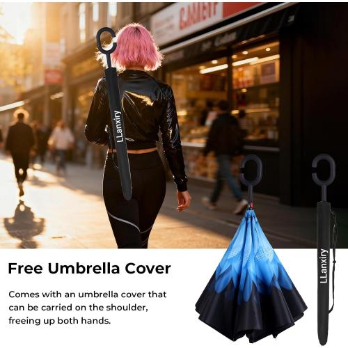 LLanxiry Inverted Umbrella, Windproof Vented Reverse Umbrellas for Rain | Double Canopy, C-Shaped Handle, Self-Standing, Waterproof, Upside Down, Drip-Reducing Design For Car Entry And Commuting