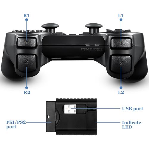2 Pack Wireless Controller 2.4G double shock Compatible with PS2 /PS1/PC(Jet Black)