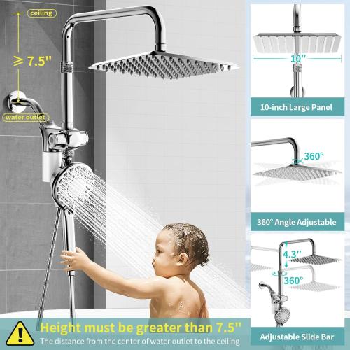 10 Rainfall Shower Heads with Handheld Spray Combo High Pressure, Magnetix Shower Head with Filters for Hard Water, 2 in 1 Dual Shower Head with Handheld and Adjustable Slide Bar (Chrome)