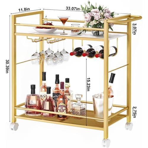 Bar Cart,Home Bar Serving Cart with Storage Shelves, 2 Tier Rolling Beverage Cart with Wheels, Modern Wine Cart with Wine Rack and Glass Holder for Kitchen, Living Room,Dinning Room,Gold