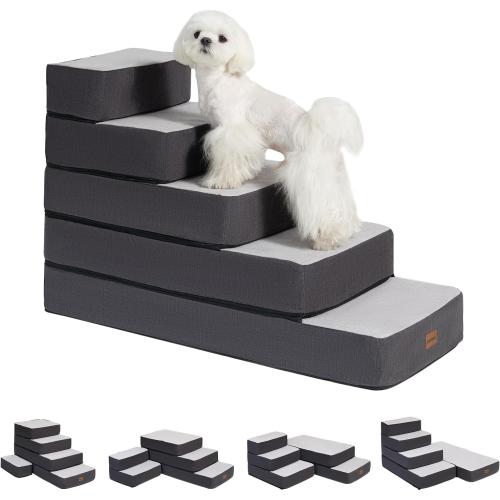 5-Step Adjustable Dog Stairs for High Beds, Dog Steps for Small Dogs and Cats, Foldable Pet Stairs for Bed Climbing, Non-Slip Pet Step Indoor, Grey