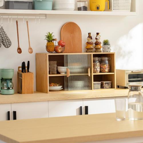 Tiita Small Kitchen Pantry Cabinet, Bamboo Wall Sideboard with Glass Doors, Cupboard Food Pantry Cabinet for Kitchen, Living Room and Dinning Bedroom