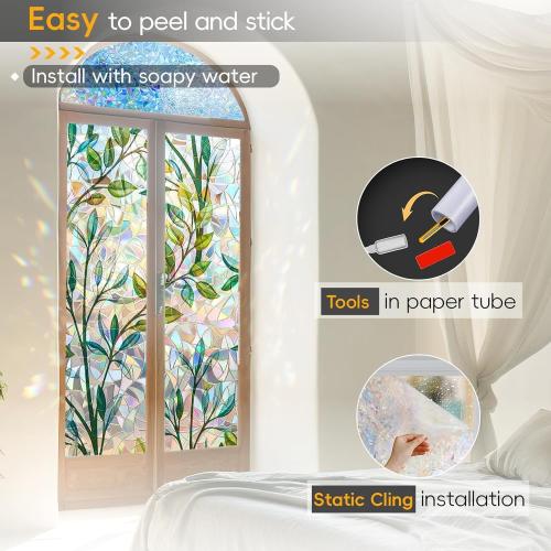Rainbow Privacy Film with Cutting Line, 3D Decals Stained Glass Window Clings, Static Cling Window Sticker, Suncatcher - 35.4 x 78.7