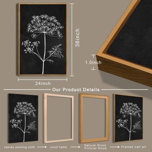 BINCUE Extra Large Framed Black and White Wall Art Floral Wall Decor Botanical Paintings for Living Room Bedroom Bathroom 24x36 Inch 3 Piece