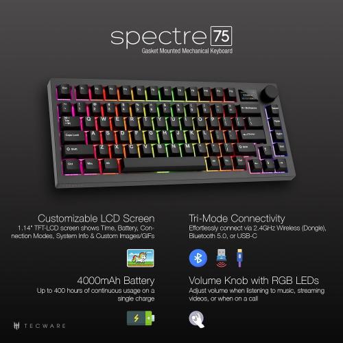 TECWARE Spectre 75% RGB Mechanical Gaming Keyboard with Customizable LCD Screen, Multi-Function Knob, Gasket Mount, 3 Mode Connectivity, South Face 5-Pin Universal Hot-Swappable Sockets (Ocean Gold)