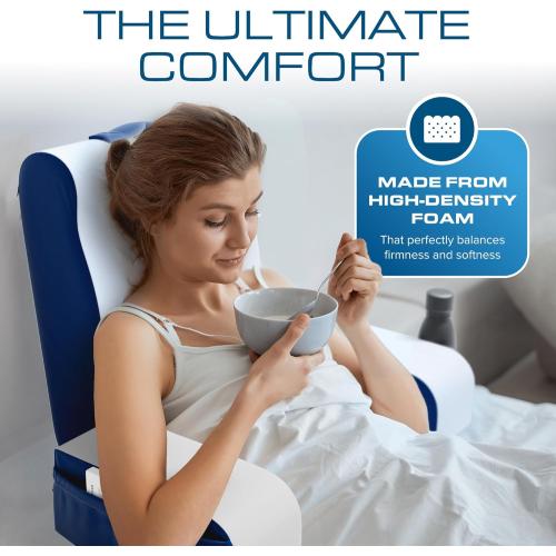 Blue and White 19Inch Wedge Reading Cushion, Back Pillow for Bed Sitting Up, Cushion with Arms for TV Book Gaming Dorm Rooms, Backrest