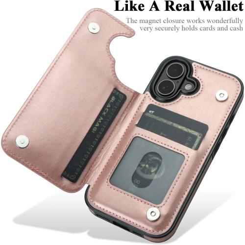 MMHUO for iPhone 17 Case with Card Holder,Flower Magnetic Buttons Protective Wallet Case for Women for iPhone 17 (6.3 Inch),Rose Gold