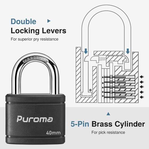 Puroma 2 Pack Keyed Padlock with 3 Keys Alike, 1.1 Inch Locker Lock 40mm Heavy-Duty Locks for Gate Fence Hasp Cabinet Toolbox School Gym Locker (Black)