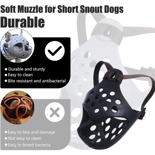 Grey Short Snout Dog Muzzle- Adjustable Soft Silicone Flat Faced Muzzle Bulldog Muzzle Breathable Dog Mask for Biting Chewing Training Licking and Grooming