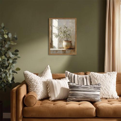 Framed Vintage Olive Tree Wall Art, Textured Sandstone Botanical Pictures Wall Decor, Rustic Neutral Potted Plant Paintings Prints Aesthetic Farmhouse Home Decor for Living Room Bedroom 16x24 inch