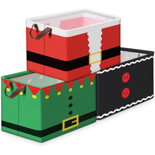Bokon 3 Pack Christmas Storage Basket for Gifts Empty Collapsible Large Xmas Storage Bins Canvas Foldable Laundry Basket with Handle Clothes Containers for Office Home Bedroom(Santa Suit)